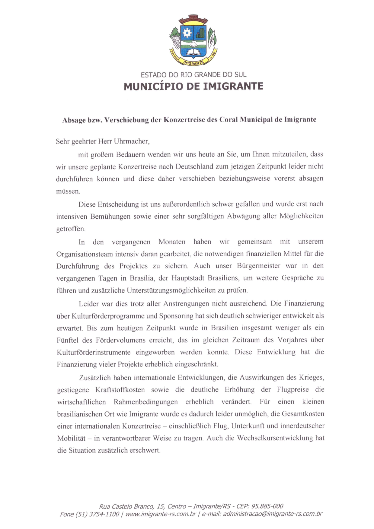 Absageschreiben Bürgermeister Stadt Imigrante